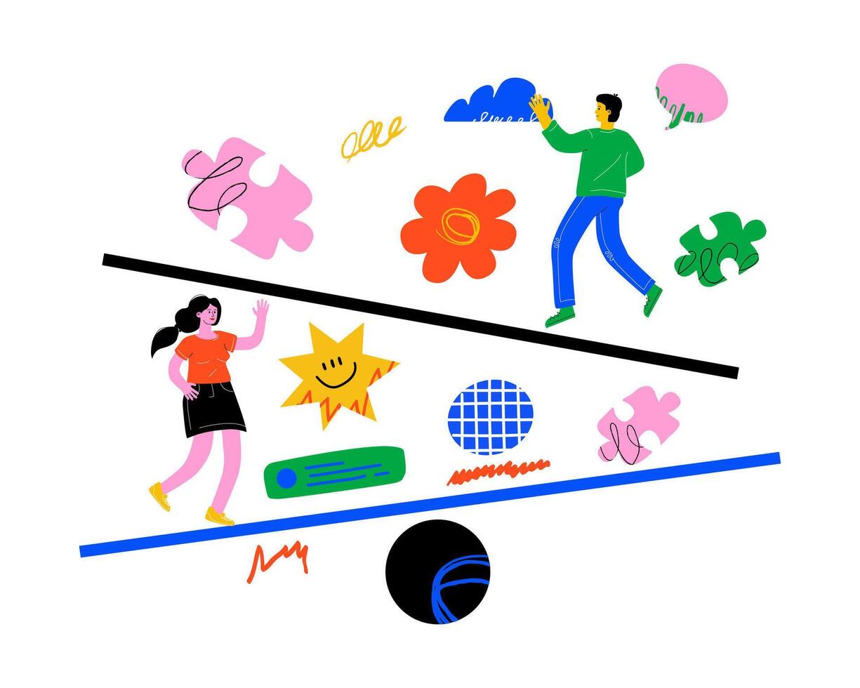 A conceptual illustration of a team balancing and adjusting workflows. It symbolizes project management, problem-solving, and process optimization. vector