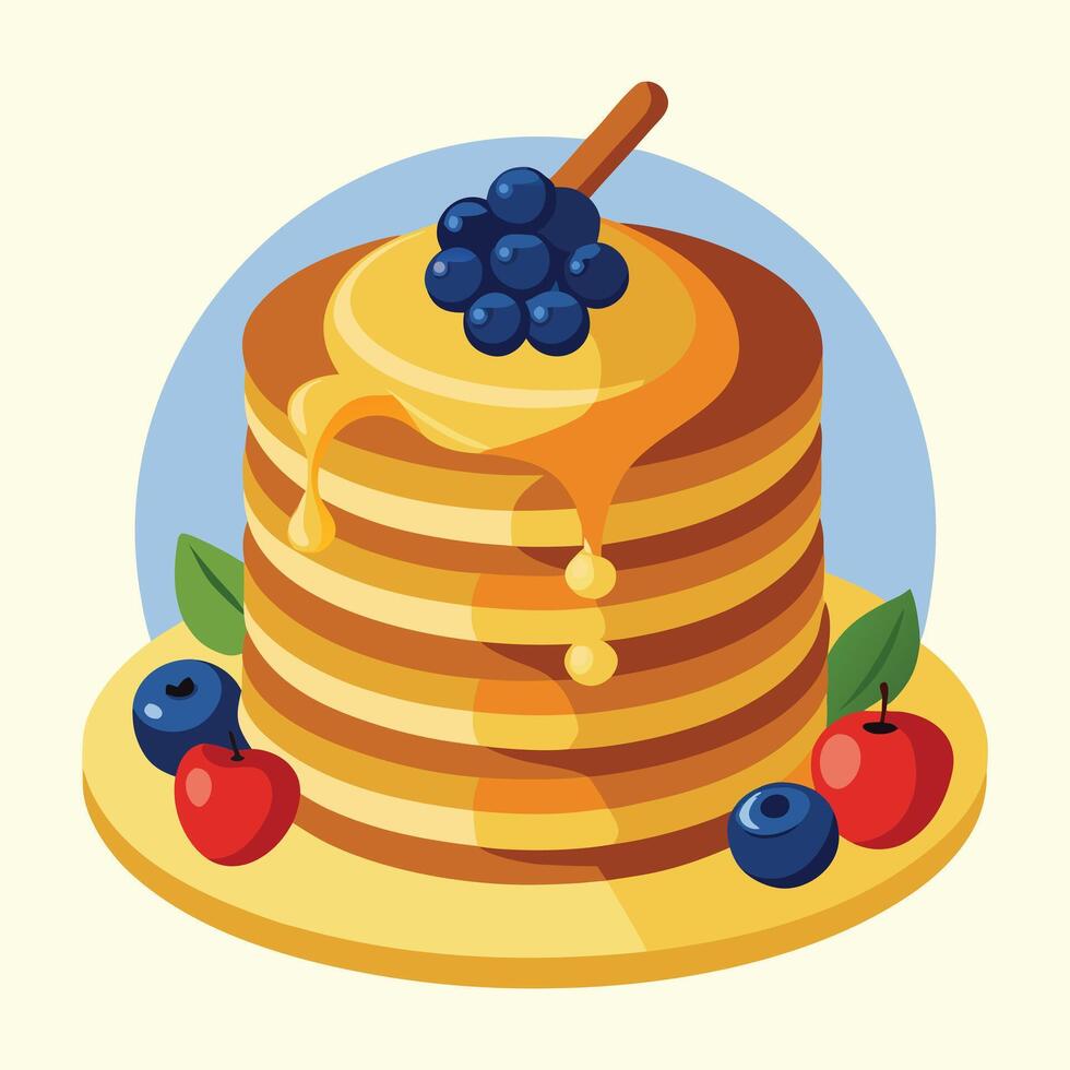 Stack of delicious pancakes with berries and syrup isolated on white background vector