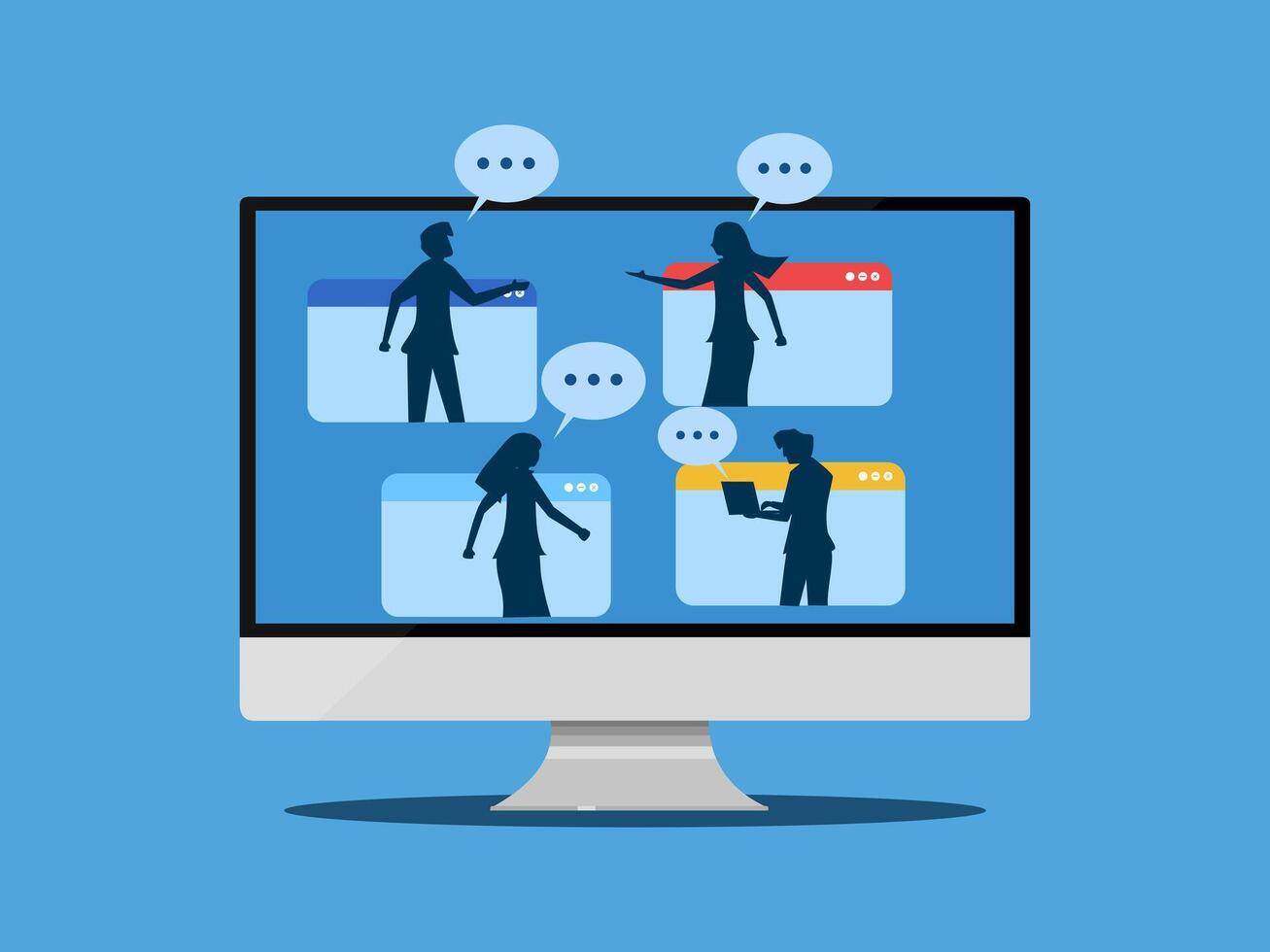 Remote Team Meetings, Online Chat between Business Teams on Computers vector