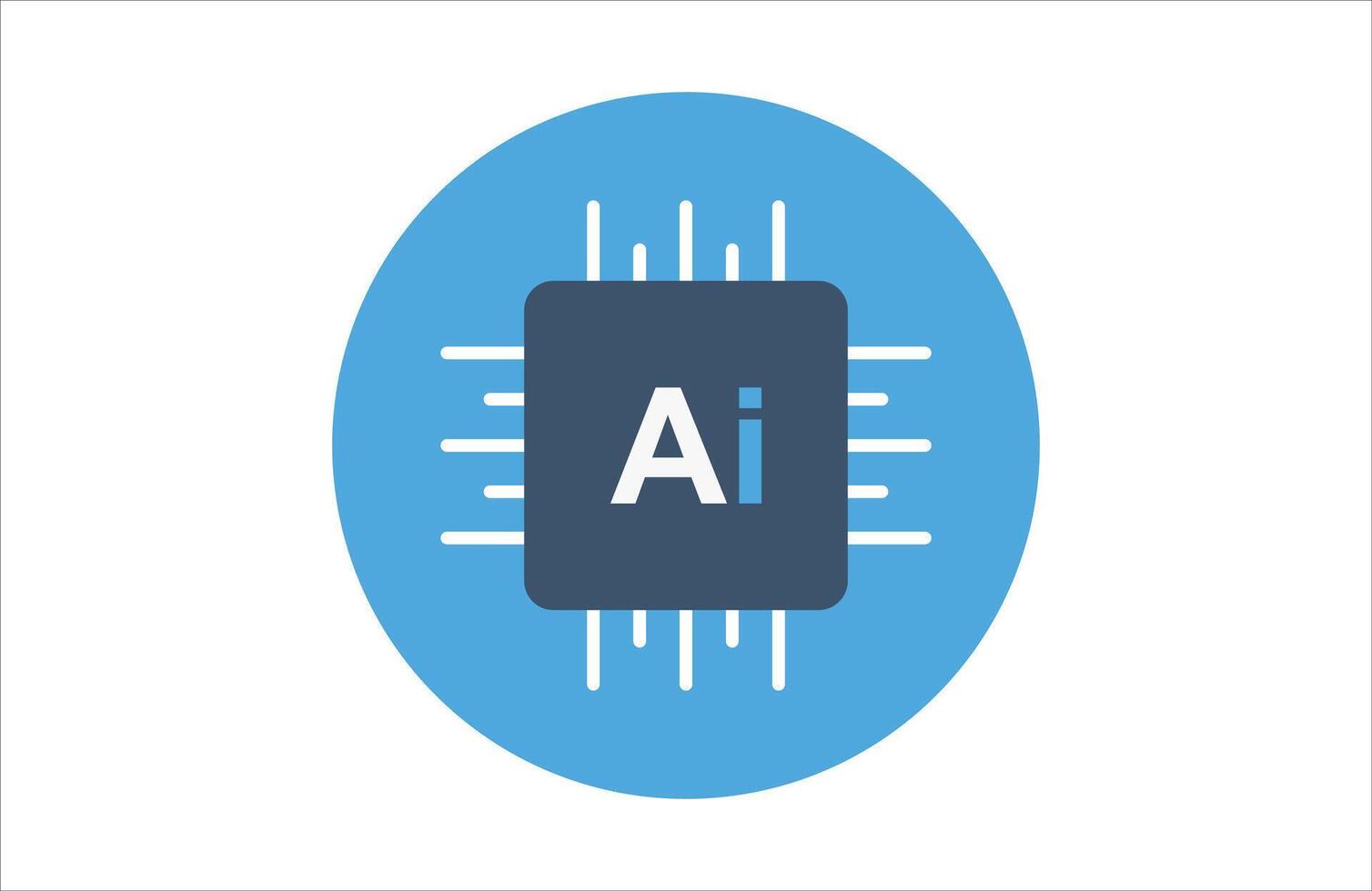 Artificial intelligence chip symbol centered on a light blue circular background against white vector