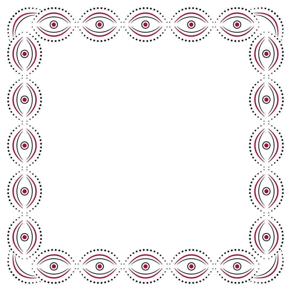Folklore ornamental frame. Black red shapes on white background. Pattern of curve lines and rounds. Square geometry ornament in country style. Frame with place for text, photo, etc. vector