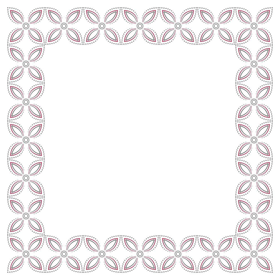 Ethnic floral ornamental frame. Black red shapes on white background. Pattern of curve lines and rounds. Square geometry ornament in country style. Frame with place for text, photo, etc. vector