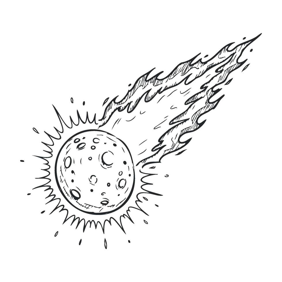 Hand drawn meteor comet sketch with flames and stars in black and white ink style vector