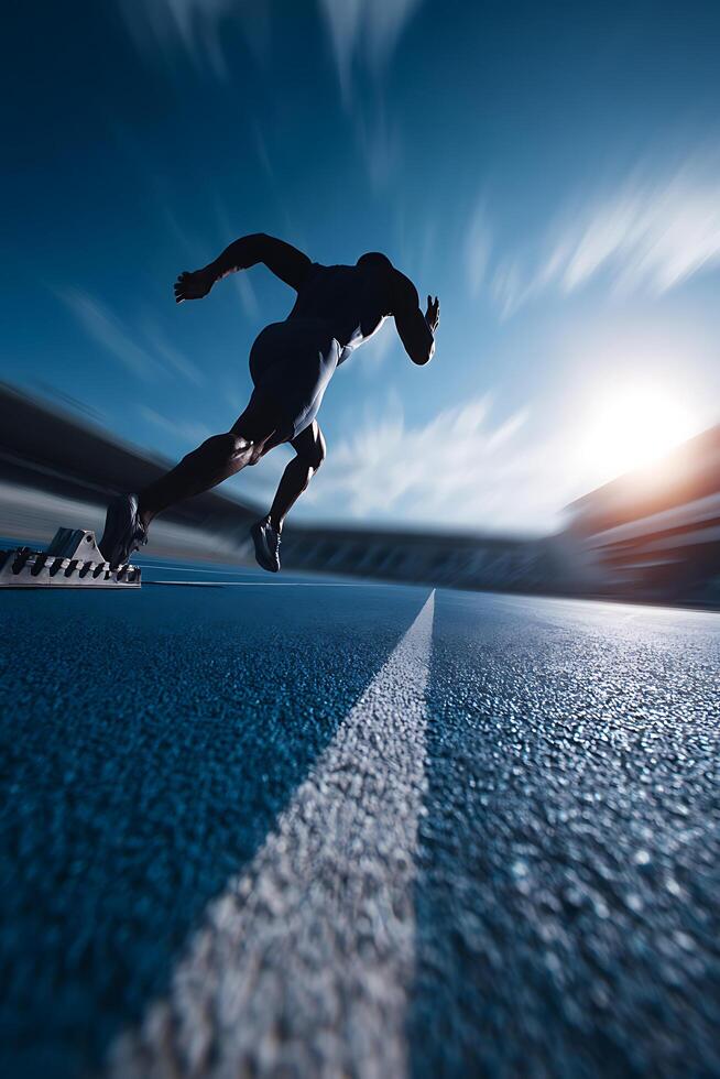 Dynamic Low-Angle View of a Sprinter Launching from Blocks photo