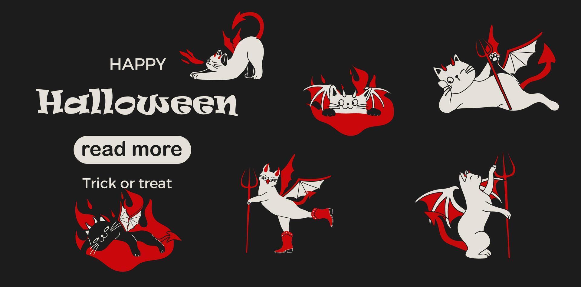 Web page design template. Cartoon devil cats with horns wings tails and pitchforks in red black and white colors with fire and fantasy elements vector