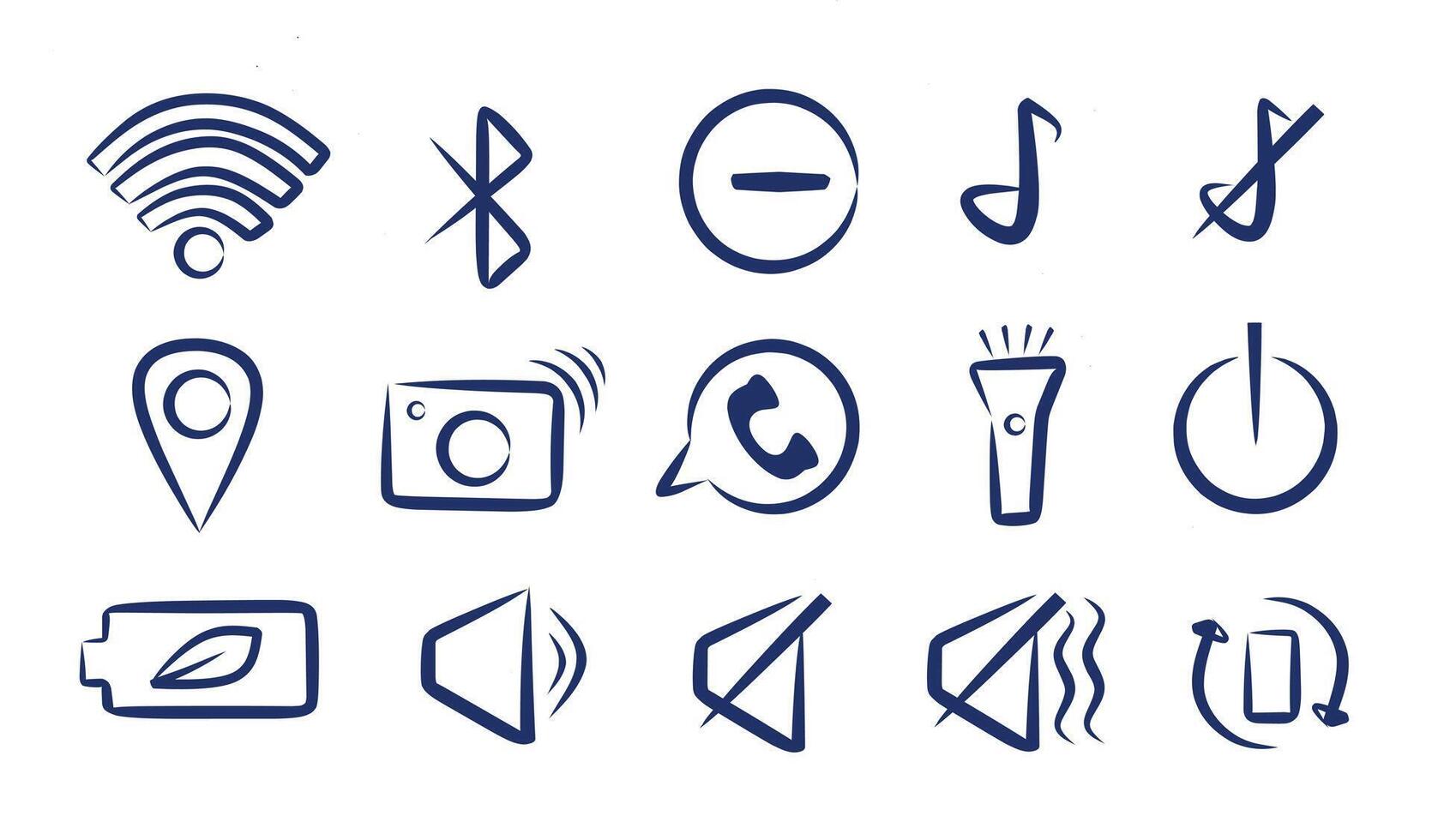 Set of fifteen hand drawn interface icons for mobile devices featuring wifi, bluetooth, battery, camera, call, sound, location and notification symbols in sketch style vector