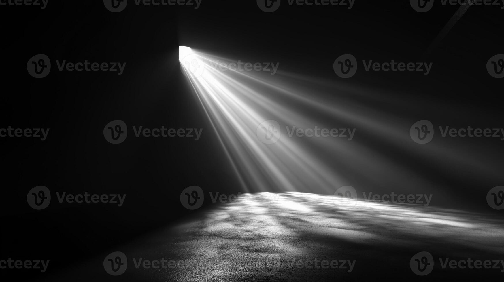 Dramatic Beam of Light Shining Through Darkness Onto Empty Floor in Minimalist Space photo