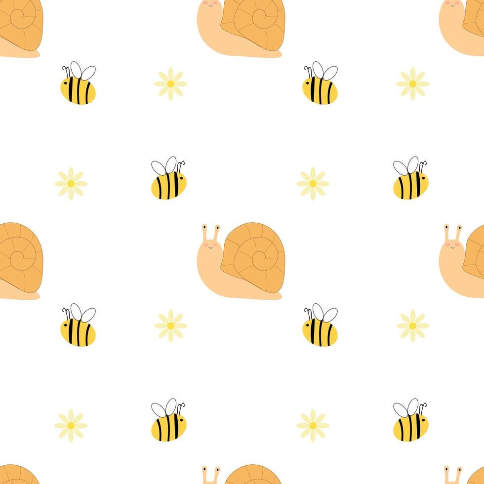 Seamless pattern cute smiling snails and bees on white background. Funny insects. vector