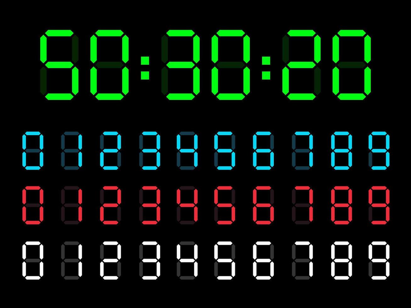 electronic digits numbers font from a clock and a countdown timer. Watch and calculator display symbols. vector