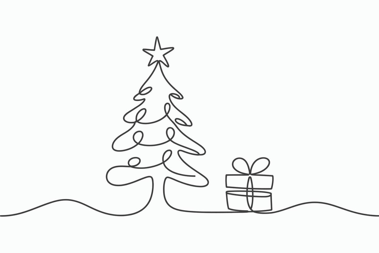 Simple continuous line drawing of a christmas tree with a gift isolated on white background vector