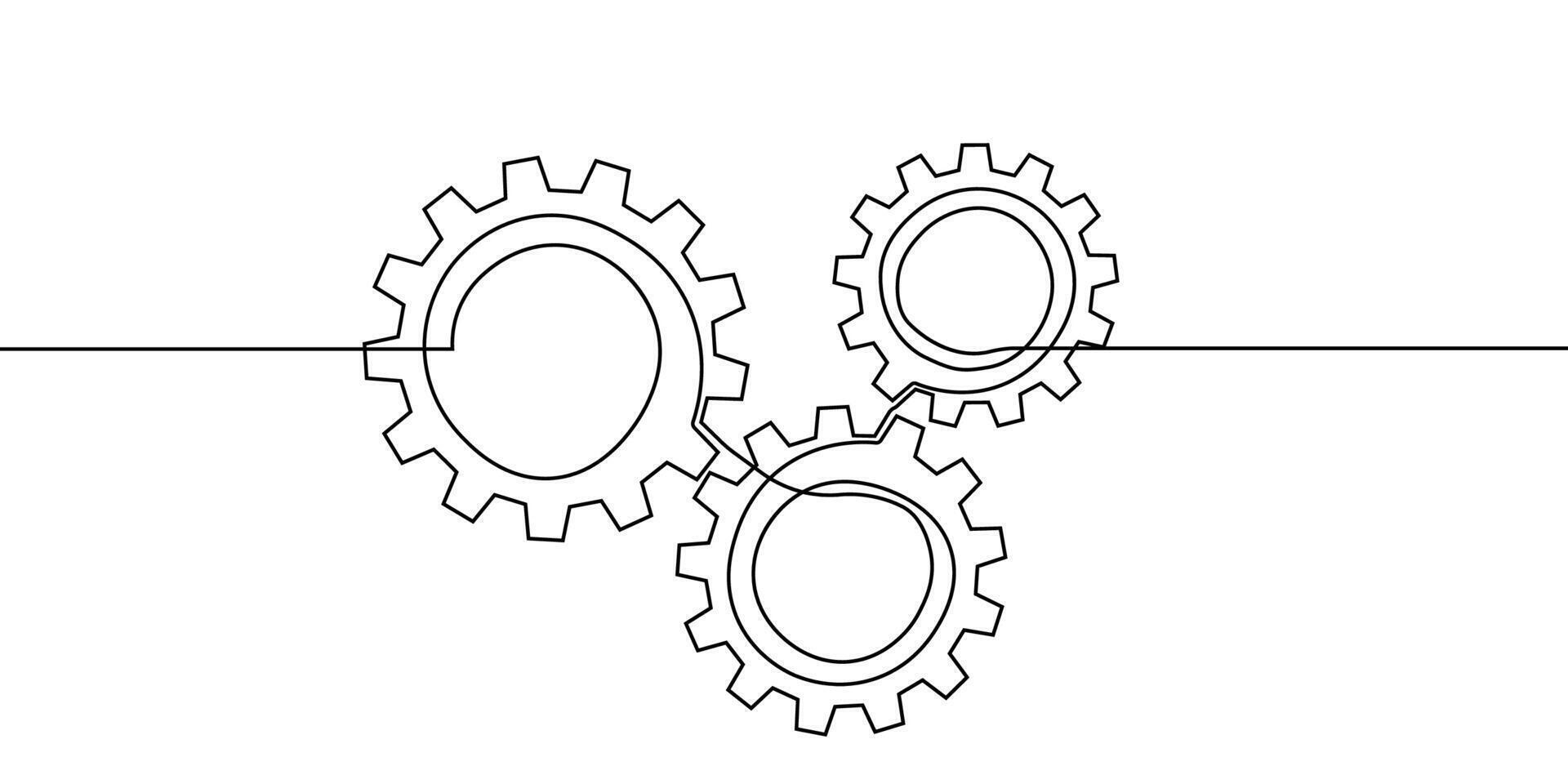 Continuous line gear one art icon cog work business factory wheel. Line continuous gear setting outline computer cogwheel technology sketch drawing science stroke machine brain background. vector