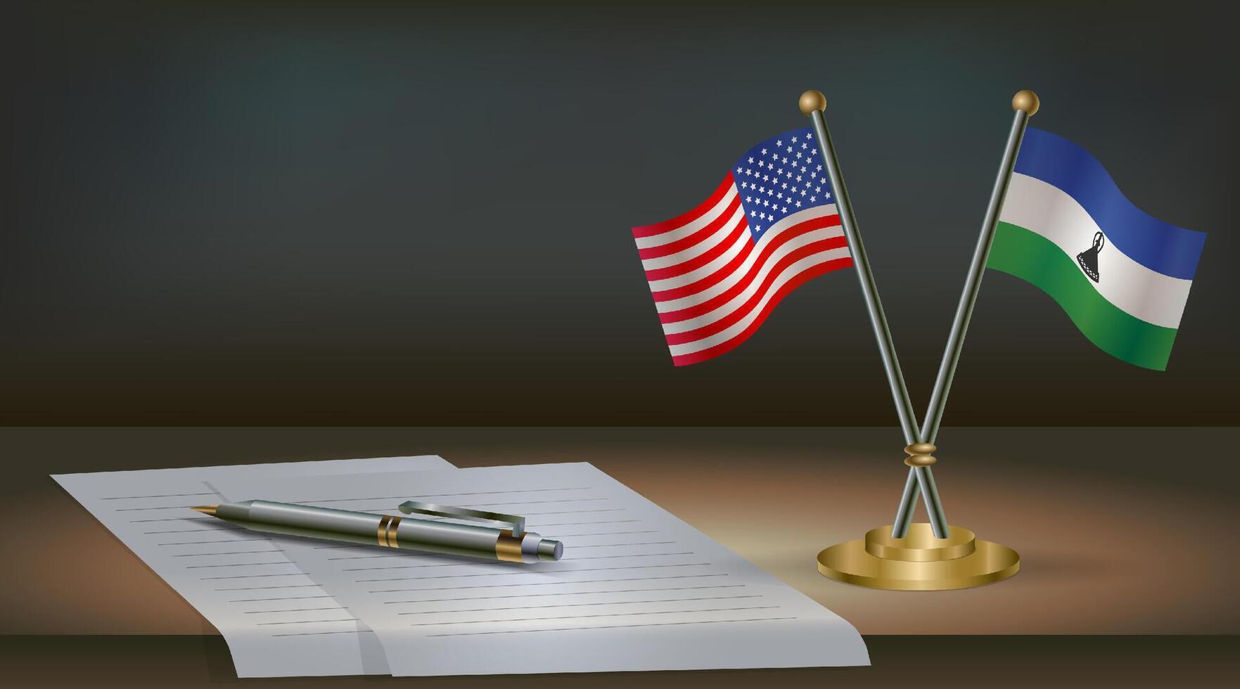 USA and Lesotho flags on table in office. International relations on a dark gradient color background vector