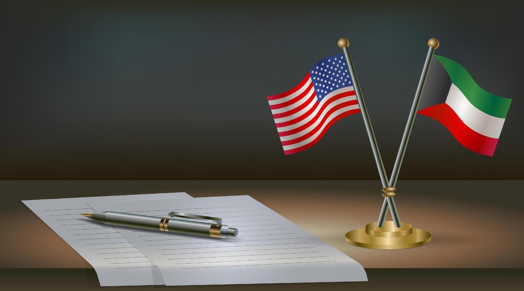 USA and Kuwait flags on table in office. International relations on a dark gradient color background vector