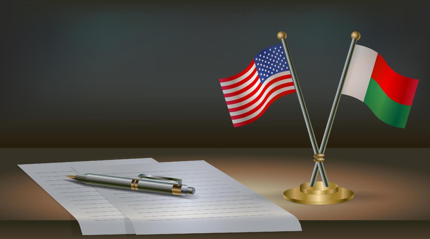 USA and Madagascar flags on table in office. International relations on a dark gradient color background vector