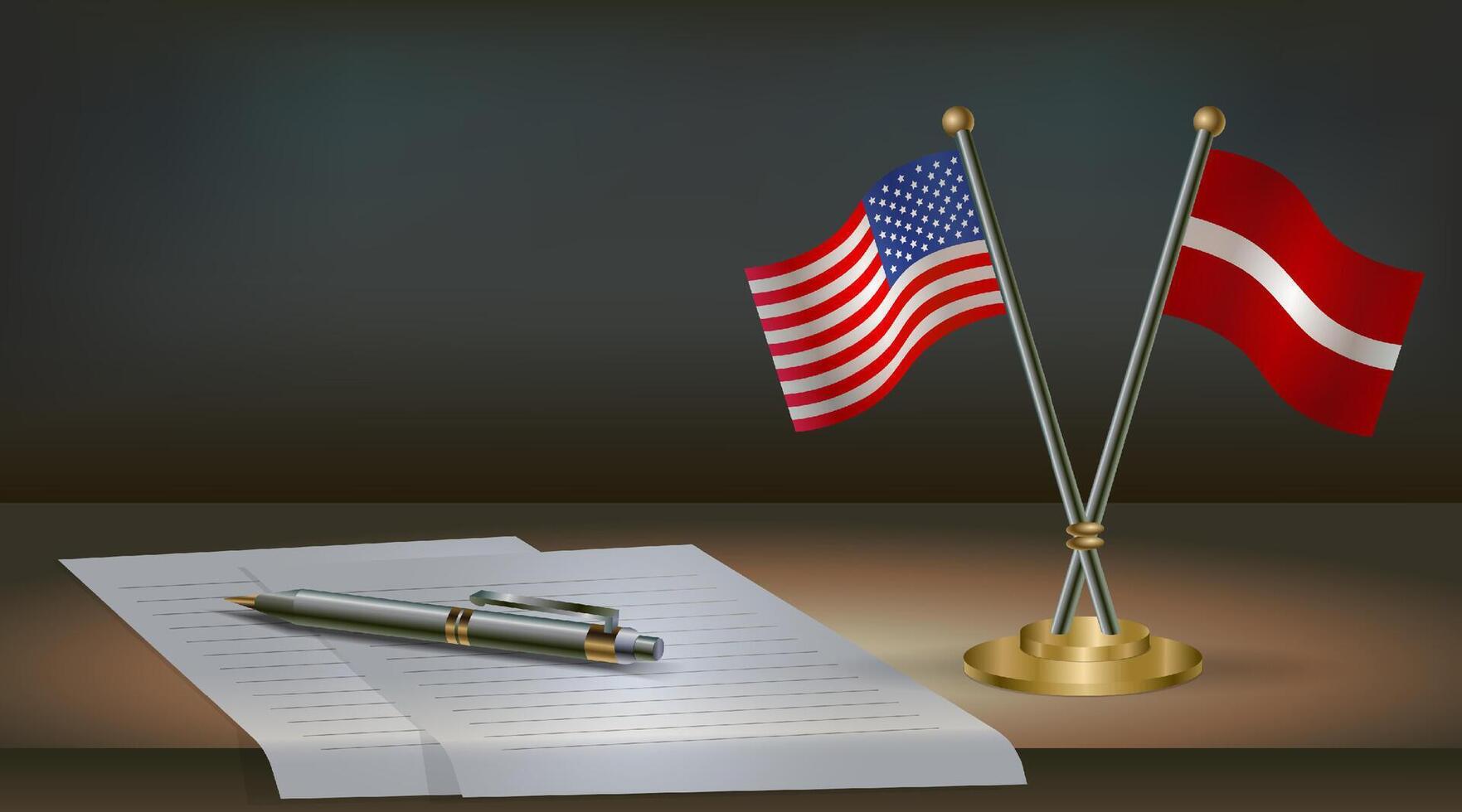 USA and Latvia flags on table in office. International relations on a dark gradient color background vector