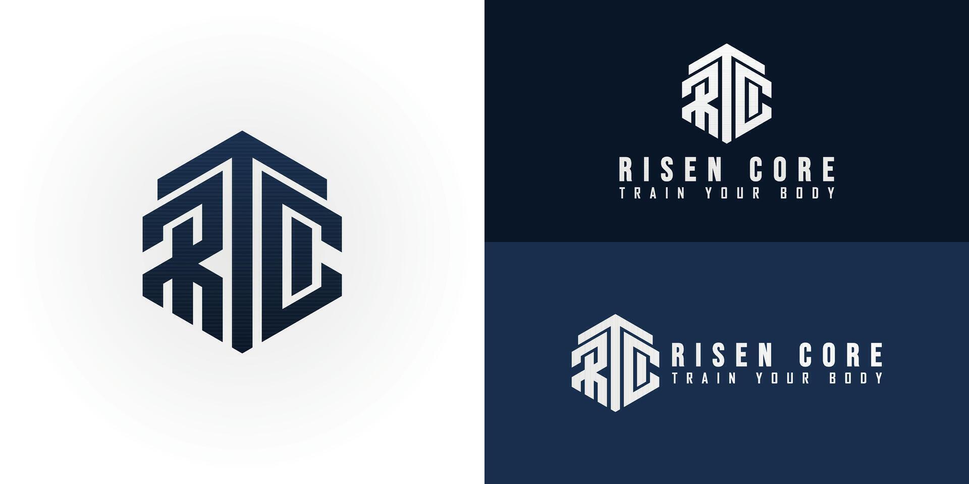 A modern geometric logo for a fitness and mindset coaching company. The emblem integrates the initials RC within a strong hexagonal shape, symbolizing stability and inner strength. vector