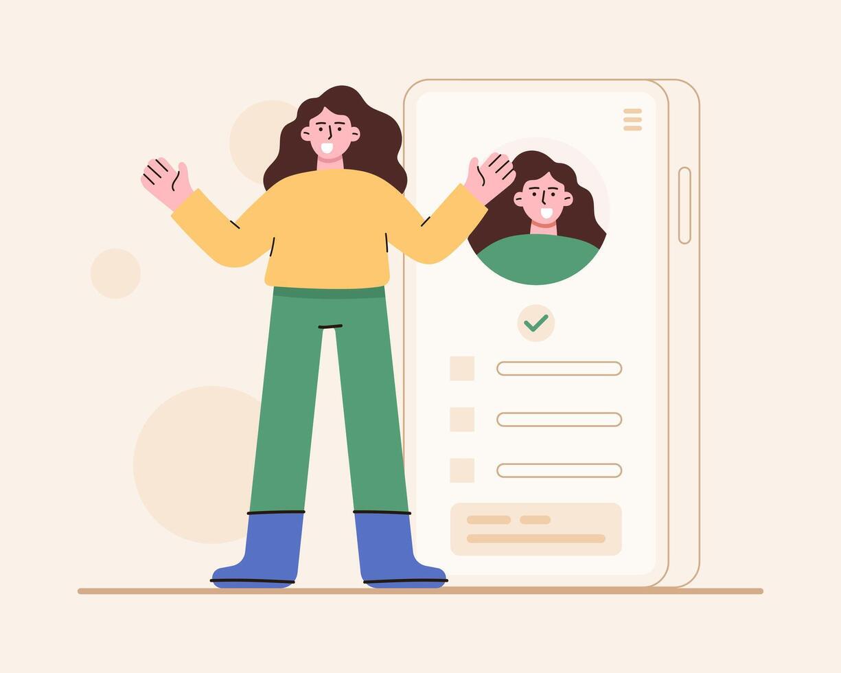 Flat style illustration of a smiling character with smartphone. Representing personal branding, online identity, and professional profile management. Business profile management concept-1 vector