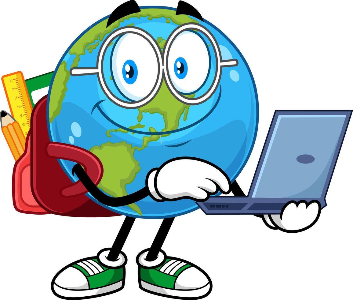 Happy Globe Character Working On Laptop Computer vector