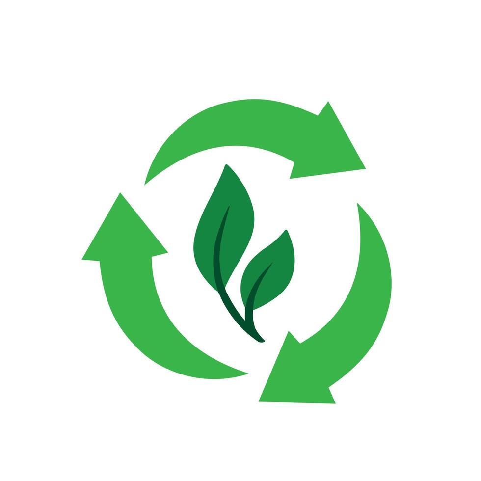 Recycle icon. Sustainability . Three recycling arrows with a leaf in the center. net zero, green energy, web icon. flat design style. vector