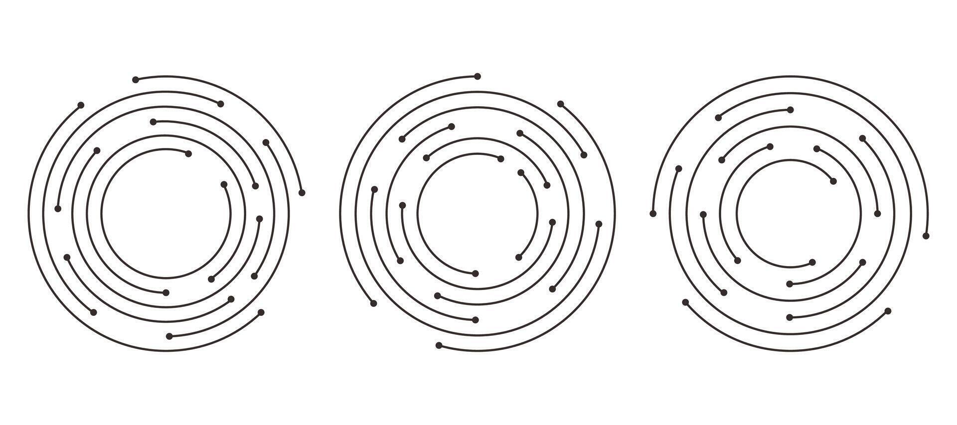 Circuit board circle line dots connection set. Motherboard electronic technology data, electrical board, cpu. Programming science, computer system elements vector