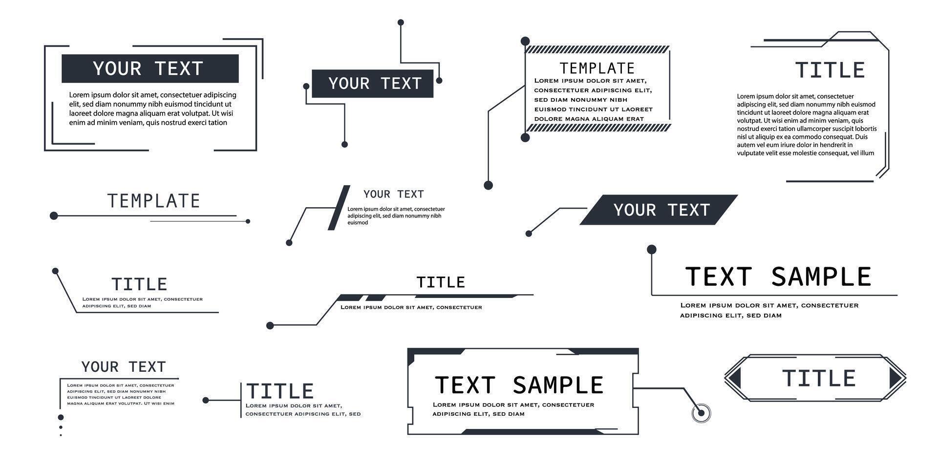Digital HUD set with abstract callout titles, textbox frames, and infographic UI elements. Ideal for , dashboard, or tech concept visuals. vector