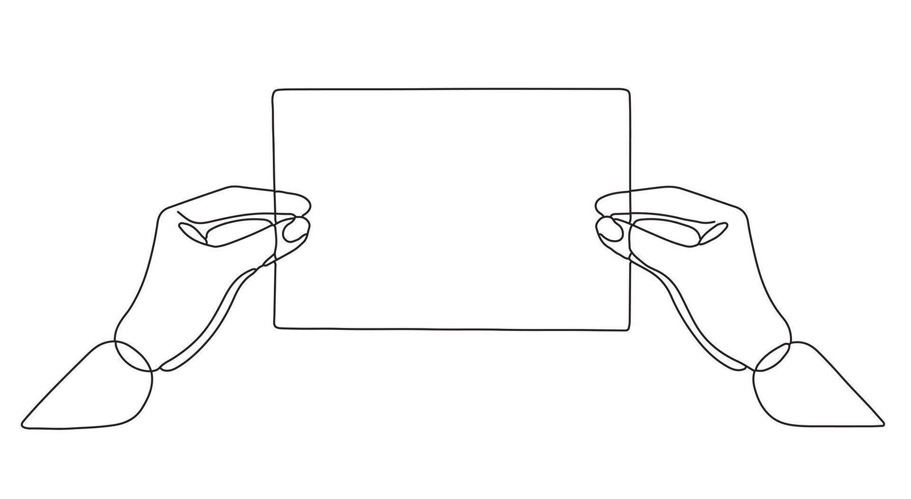 dos manos participación un blanco rectangular tarjeta con continuo línea Arte vector