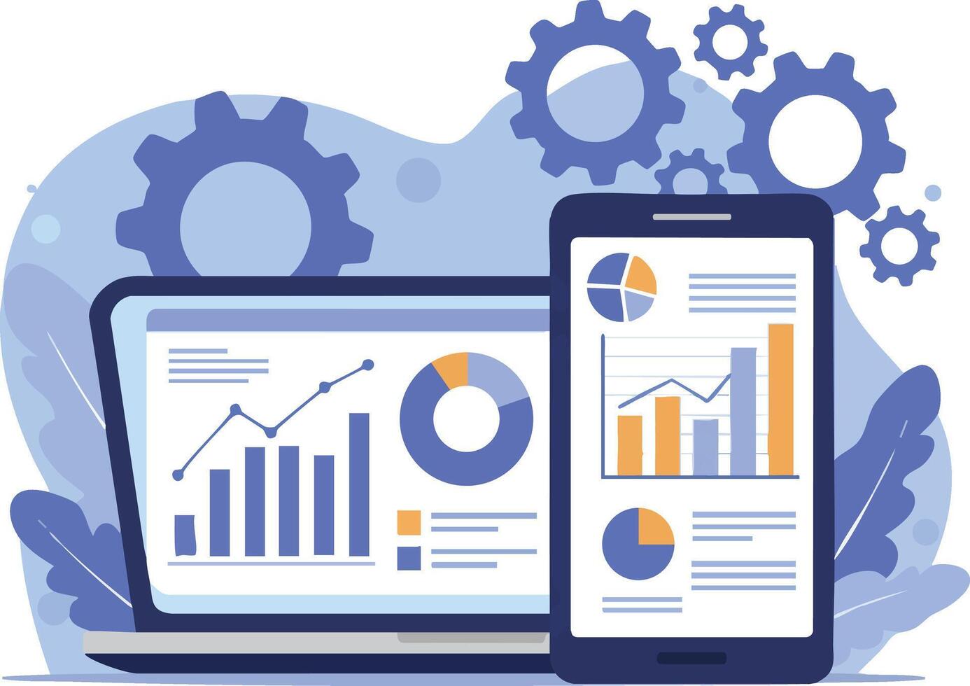 Data Analytics Dashboard with Graphs and Pie Charts on Laptop and Smartphone Illustration vector