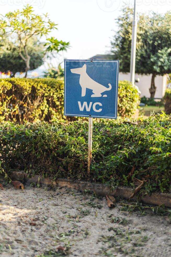 A blue sign features a dog icon with the letters WC, marking a specific area for dog waste disposal. The location is a green park with hedges and trees under clear skies photo