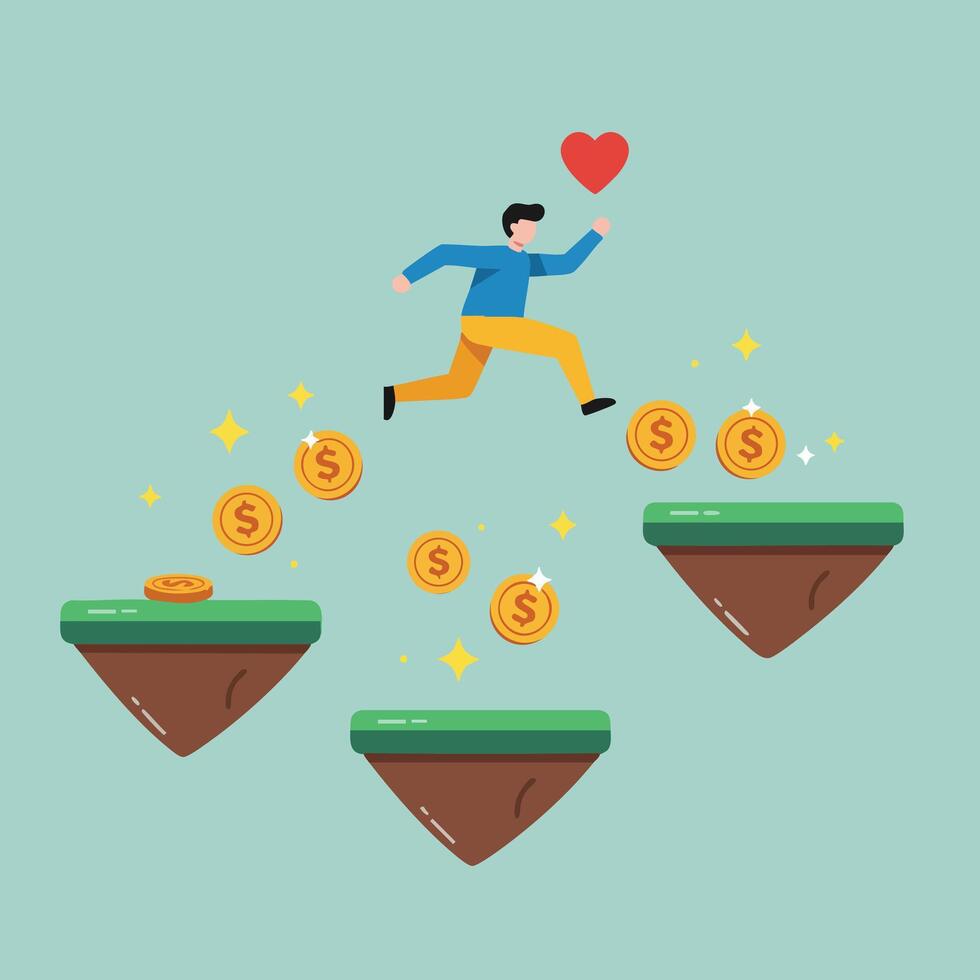 Man jumping over floating platforms with gold coins and heart symbol in simple flat style illustration vector