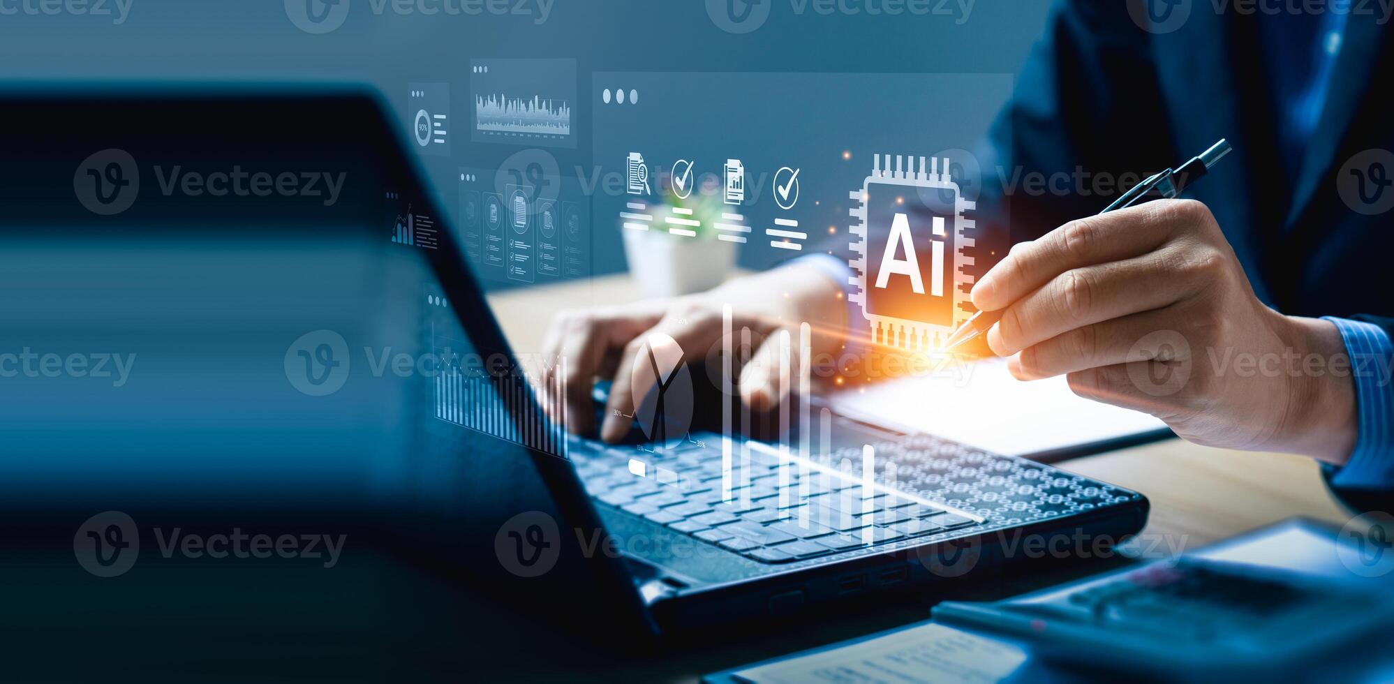 AI-powered business data analytics and dashboard performance report visualization, futuristic digital interface for smart decision making, technology for enterprise insight and intelligent analysis photo