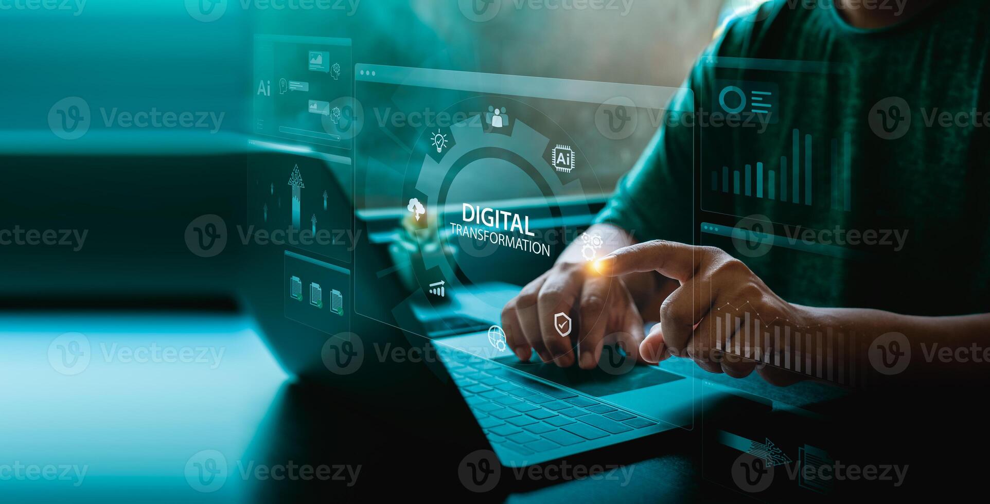 Digital transformation interface on a laptop screen with user touching holographic dashboard, AI icons, charts, and glowing blue data panels representing innovation and smart business technology photo