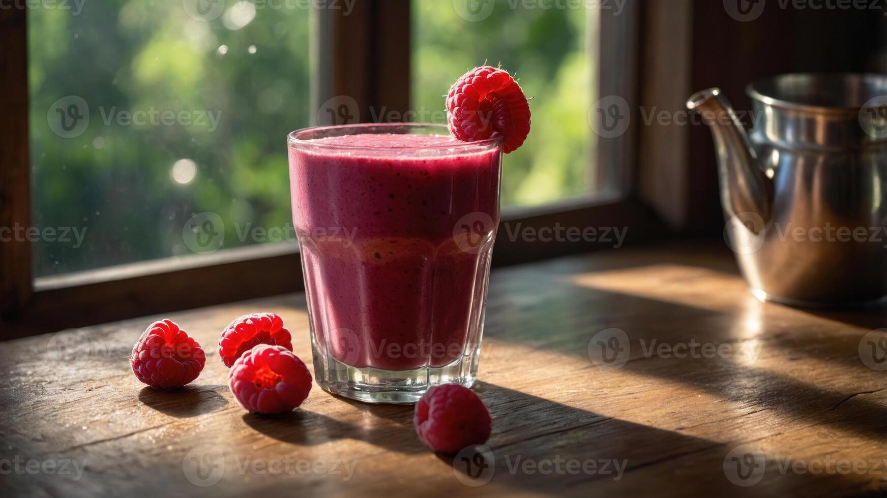 Refreshing raspberry smoothie in a glass on a wooden table with sunlight streaming through a window photo