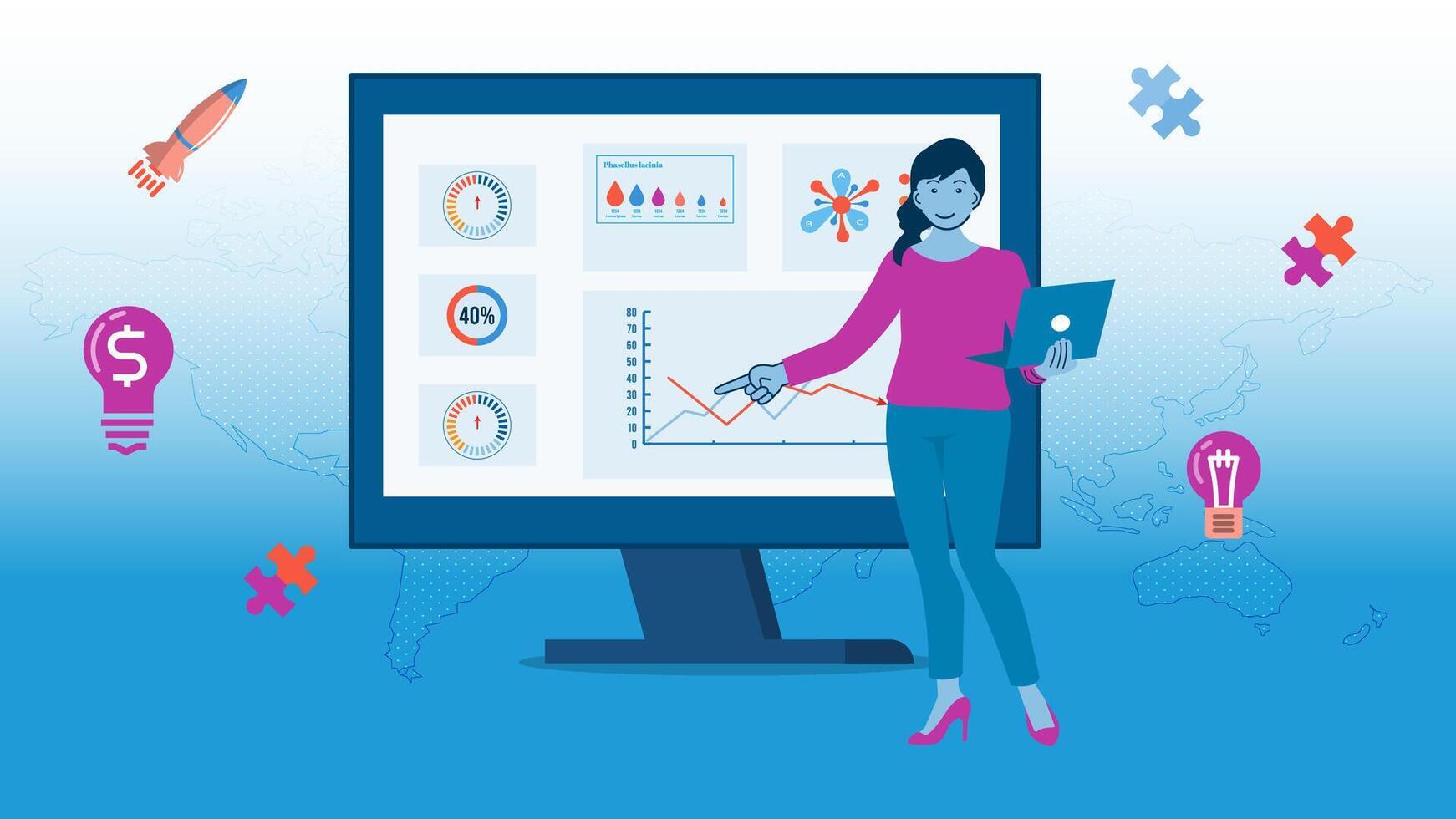 Woman presenting data on a monitor vector