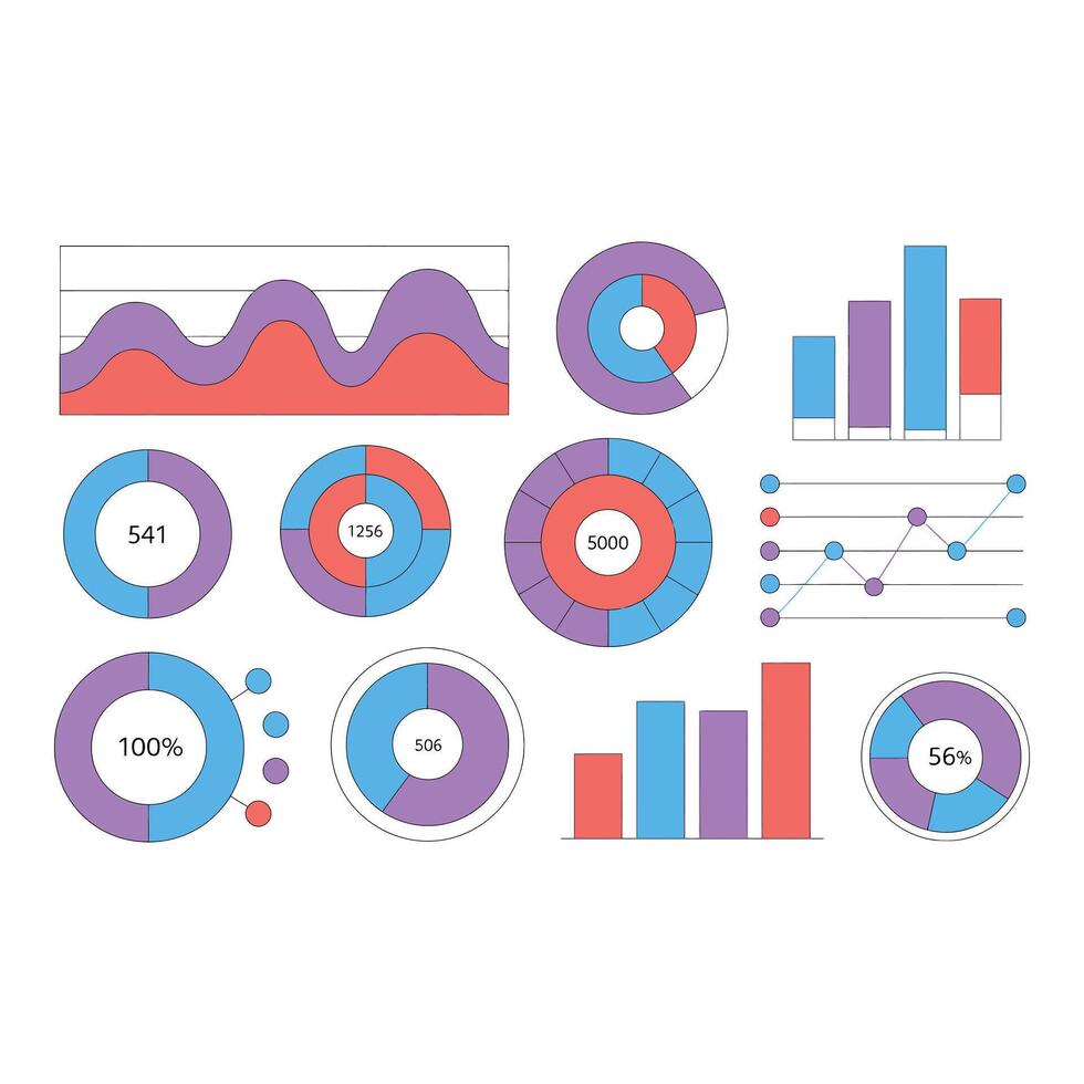 Set of various data charts and graphs on white background vector