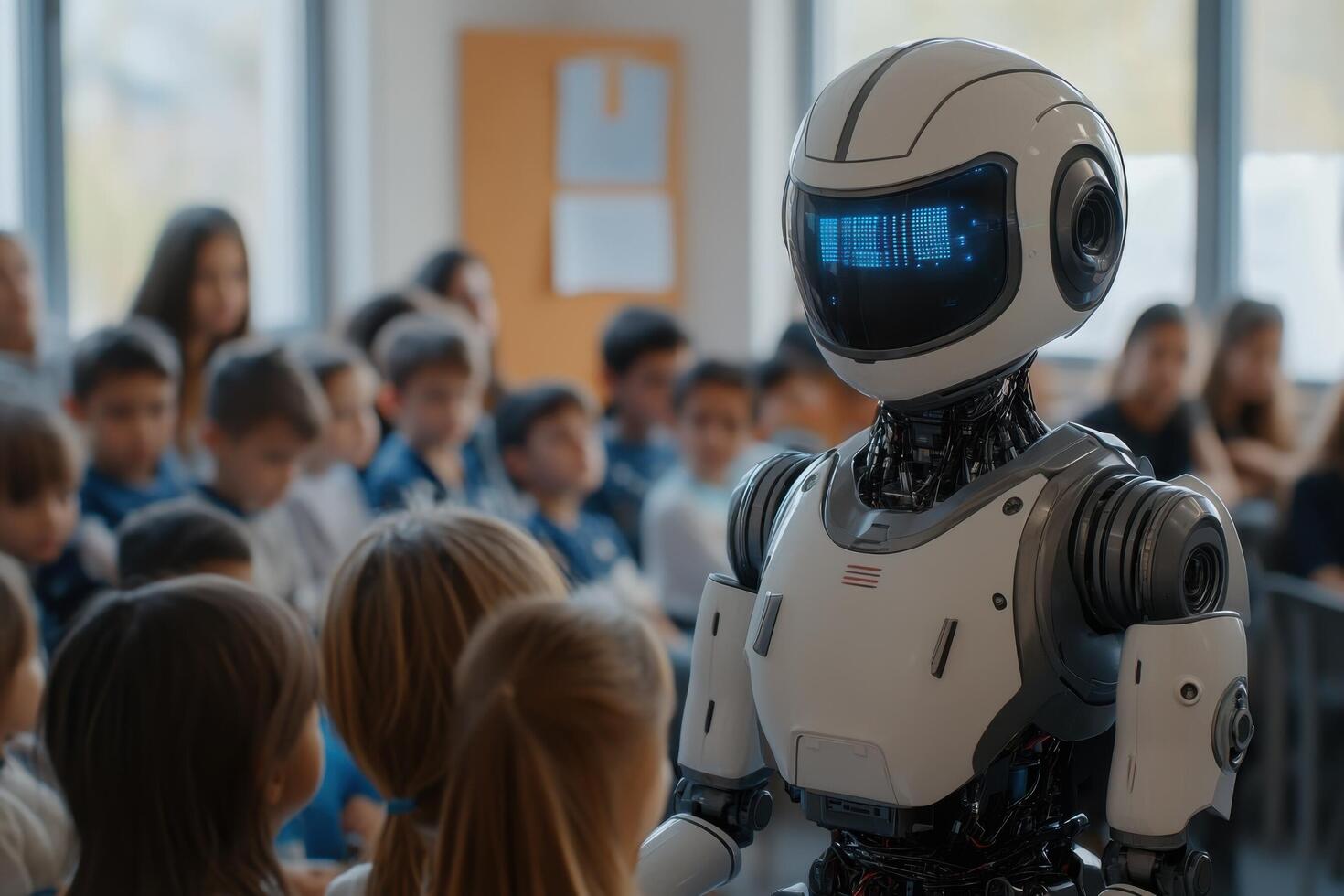 A robot is standing in front of a classroom of children photo