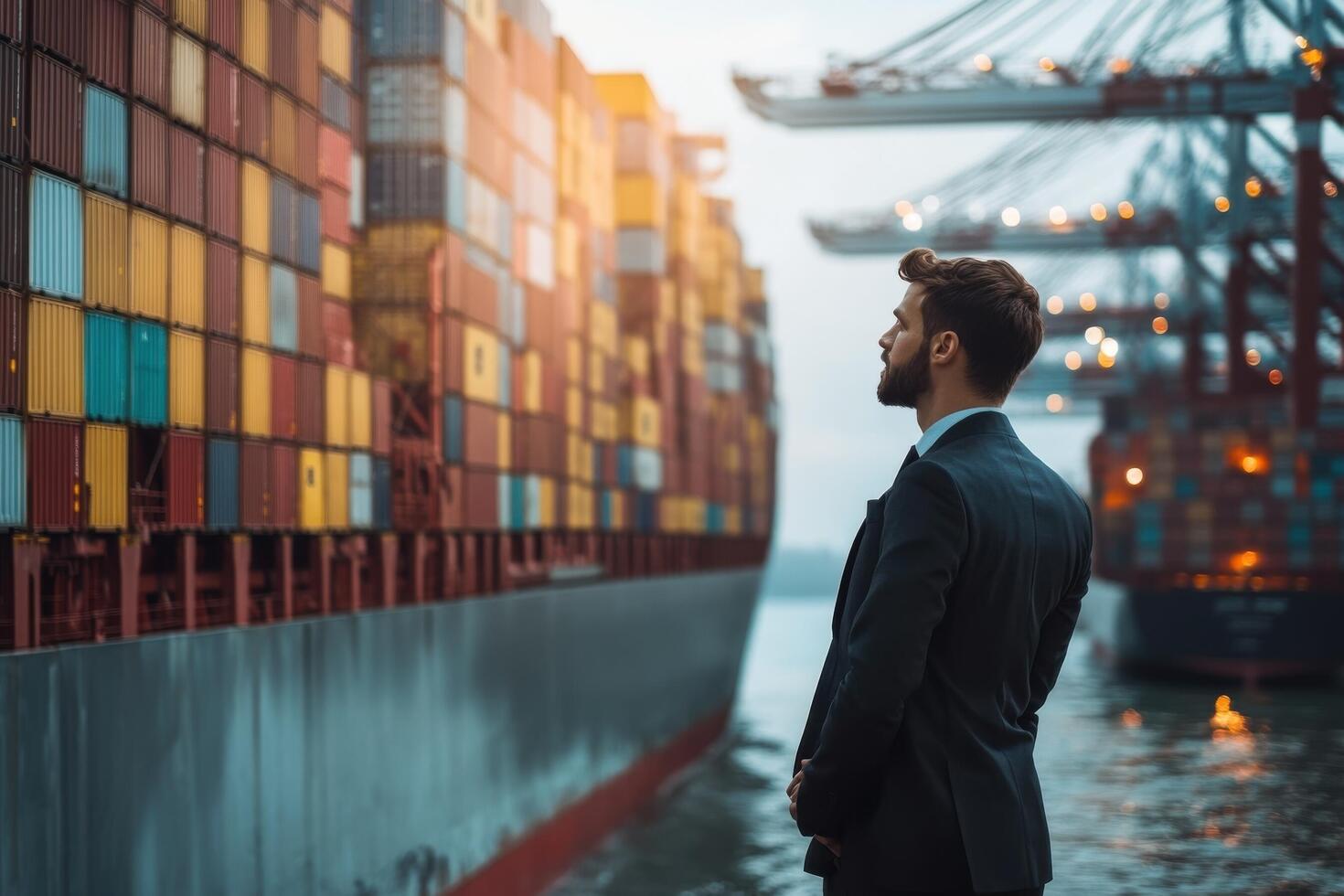 A man in a suit stands in front of a container ship photo
