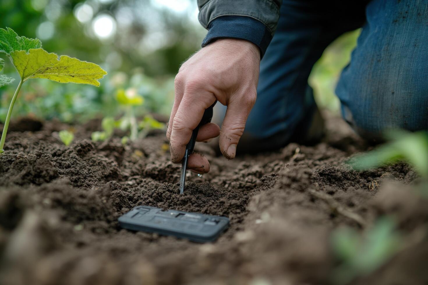 A person is using a small device to measure soil photo