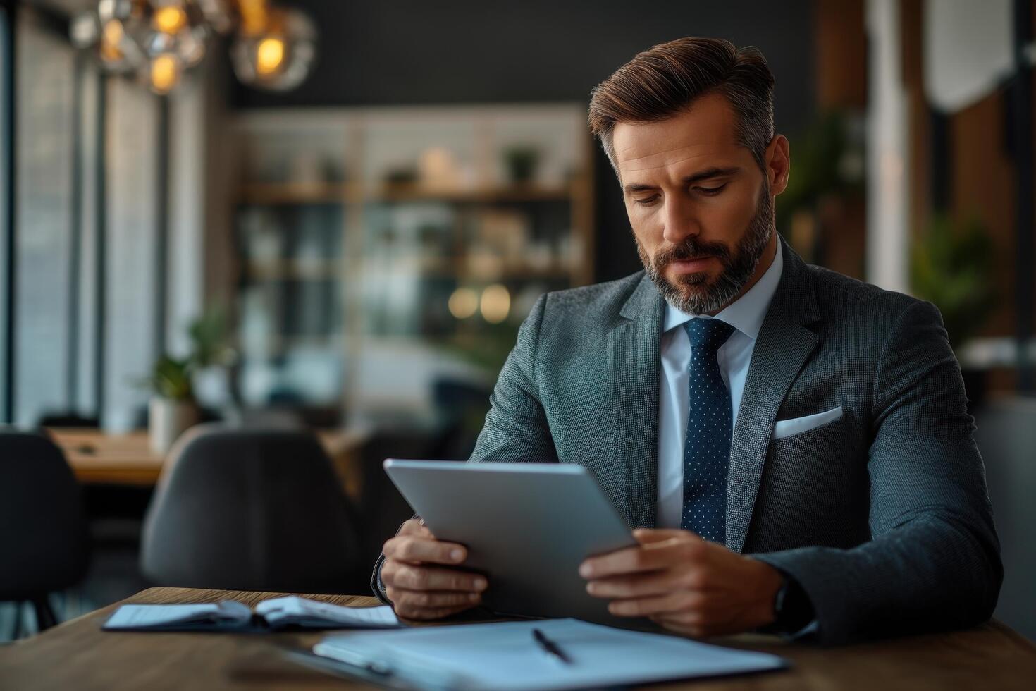 un hombre en un traje es utilizando un tableta computadora foto