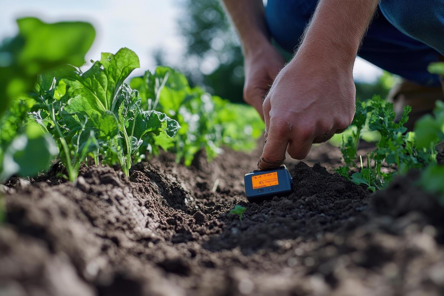 A person is using a digital device to measure the soil photo