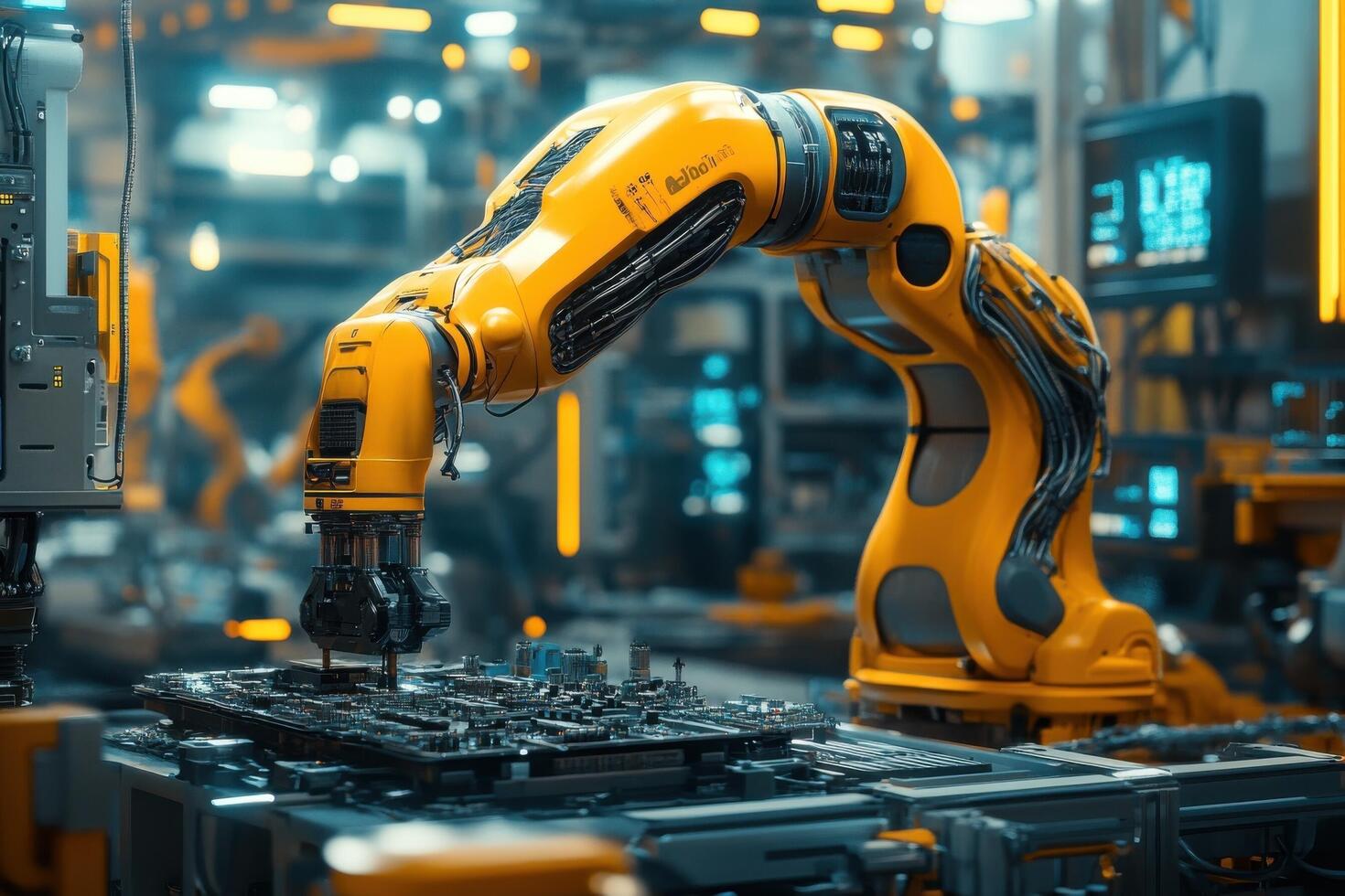 A robotic arm is working on a machine in a factory photo