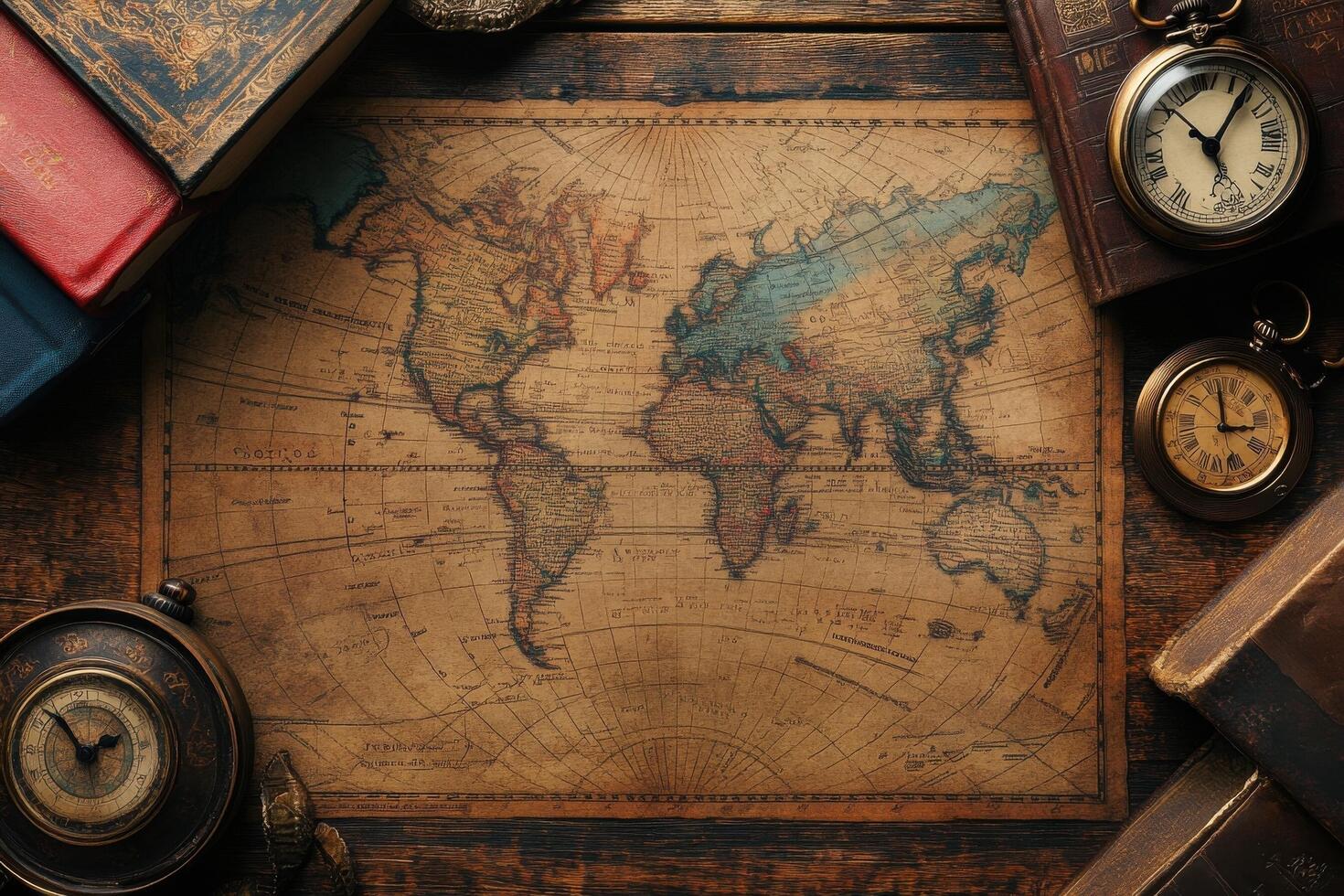 An old world map, a clock, and a book on a table photo