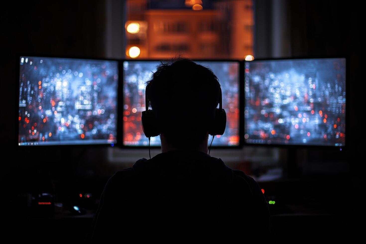 A person sitting in front of three computer monitors at night photo