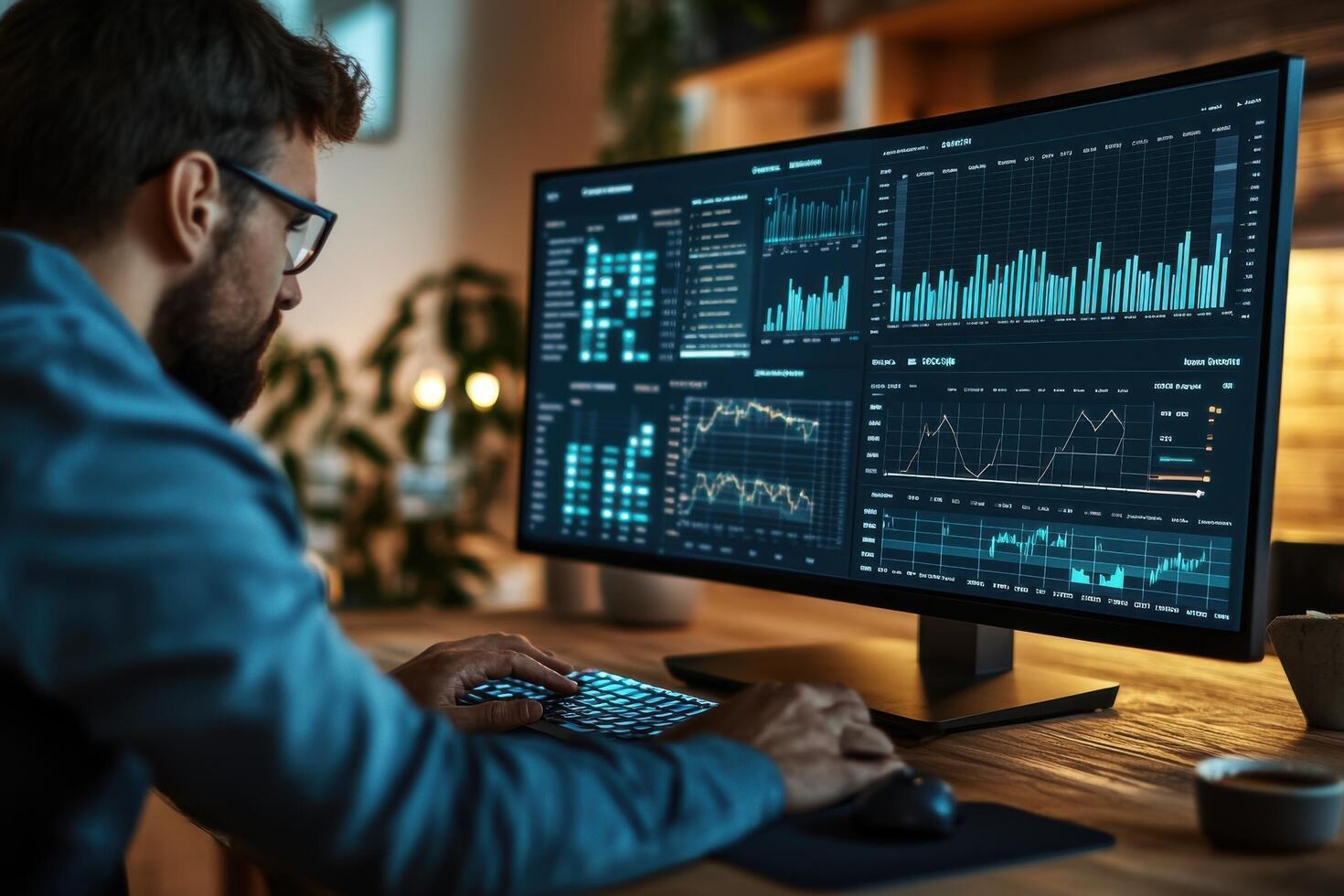 A man is working on a computer with graphs on it photo