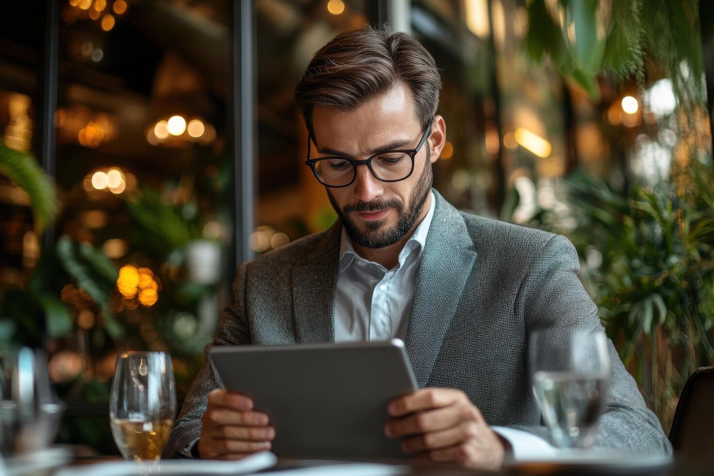 un hombre en lentes es utilizando un tableta computadora foto