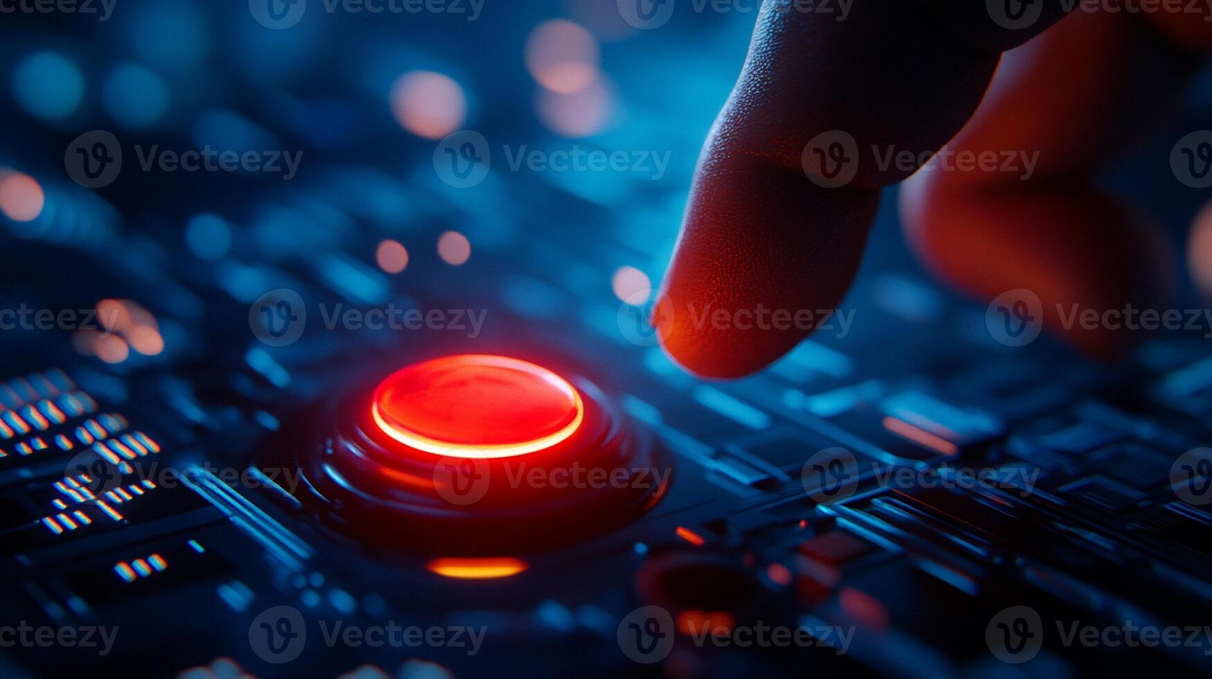 A person is pressing a red button on a computer photo