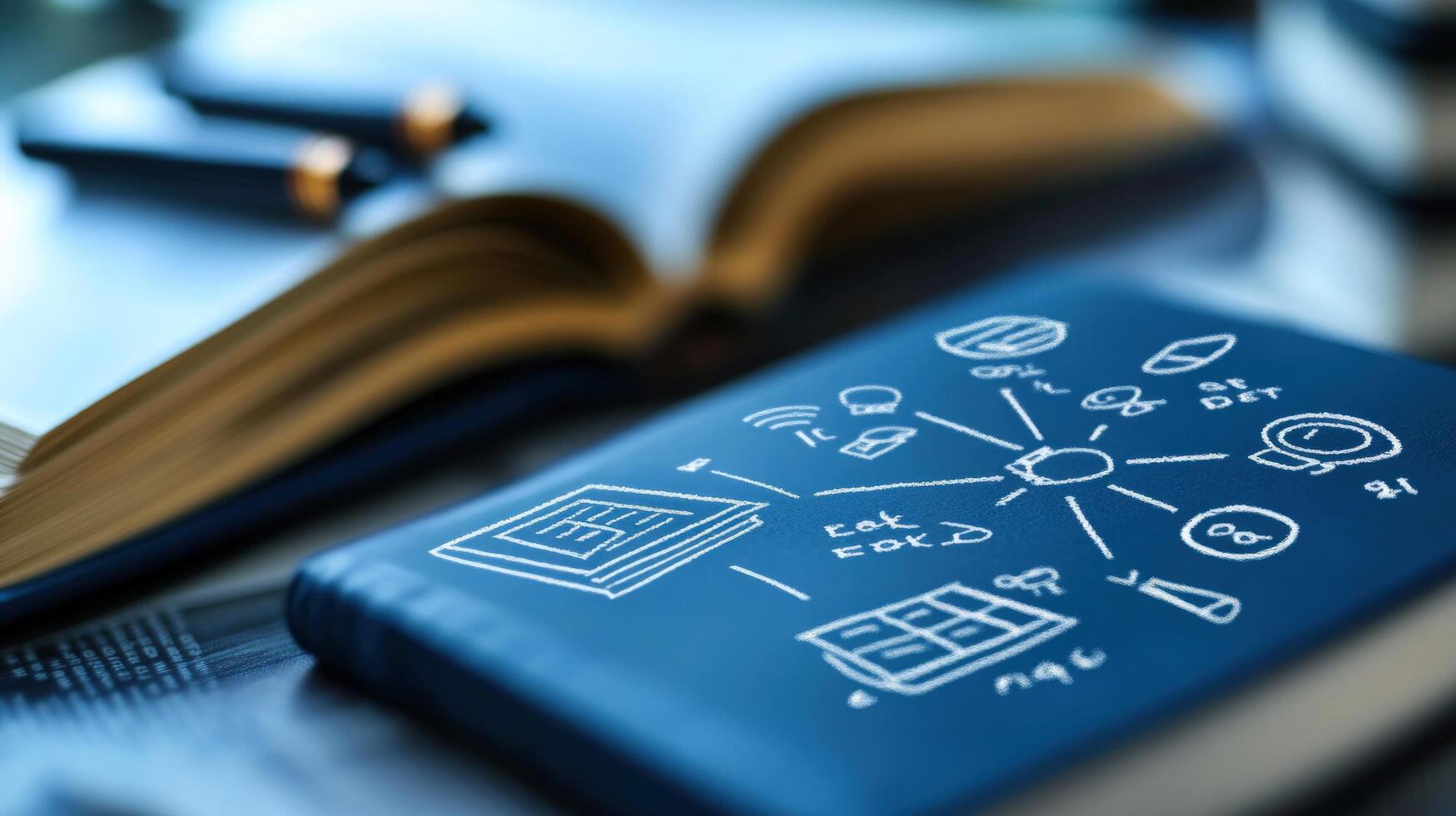 A notebook with a drawing of a computer and internet icons on it photo