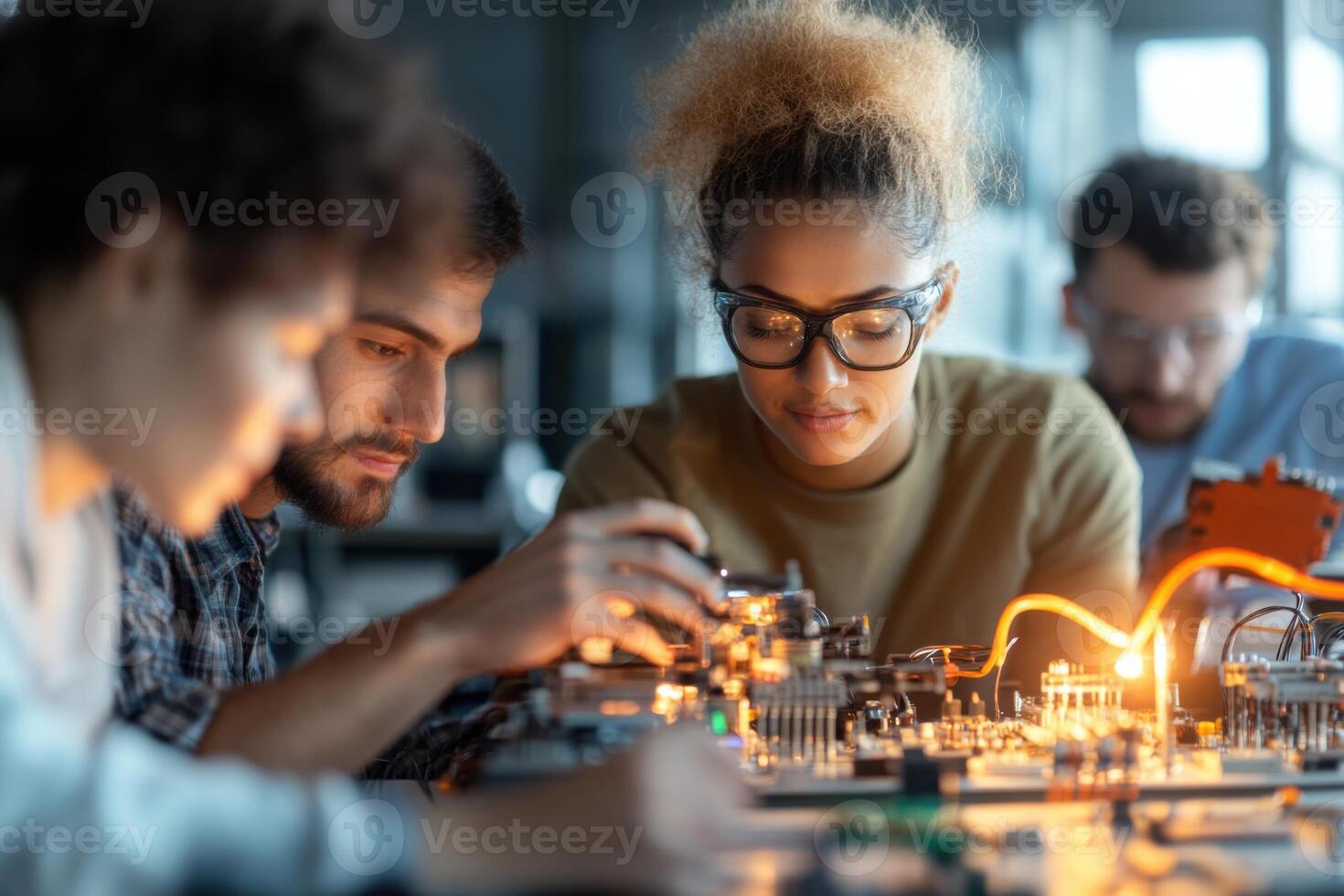 Diverse team of electrical winders assembling components in a modern workshop photo