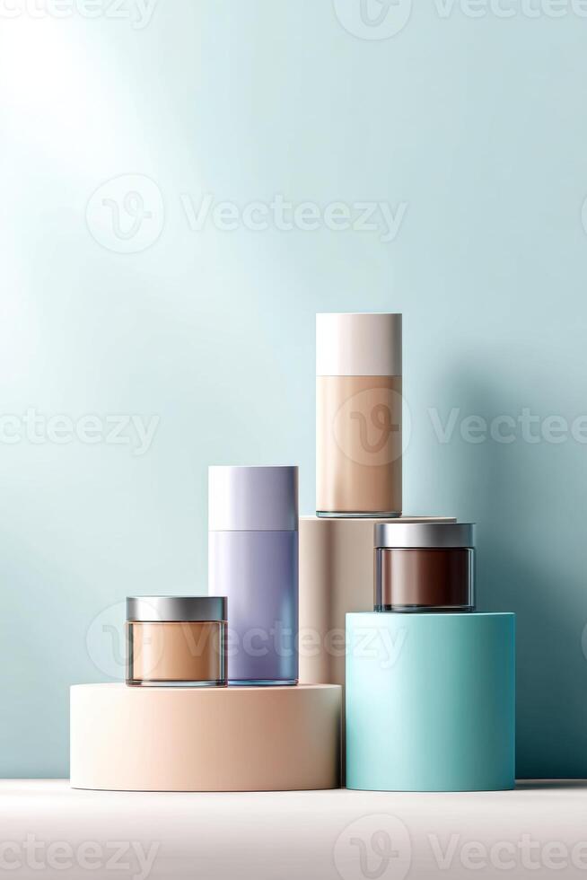 Colorful foundation mockup showcasing various containers and blobs against a minimalistic background photo