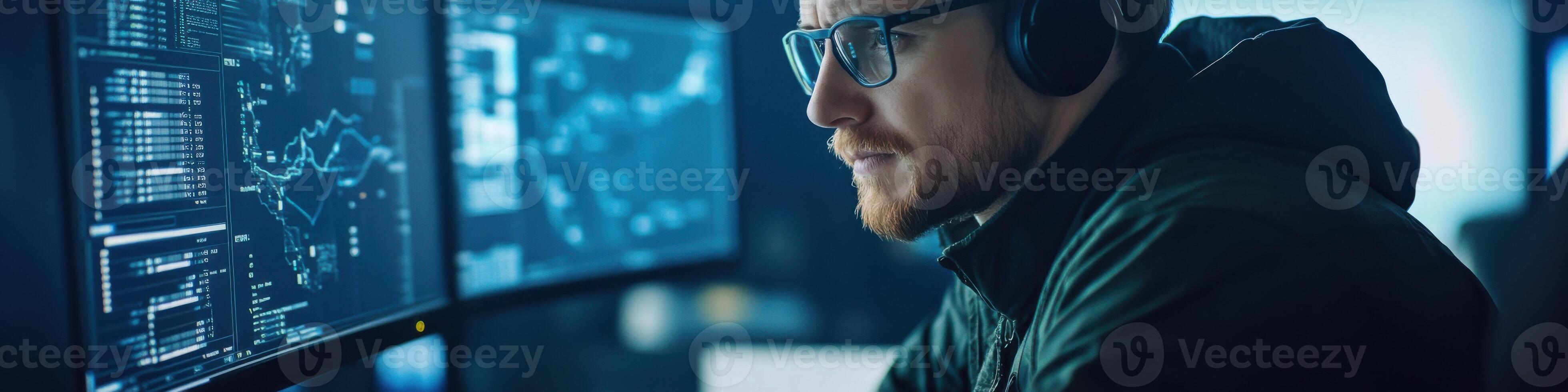 Planimeter in action with a professional analyzing spatial data on computer monitors in a focused work environment photo