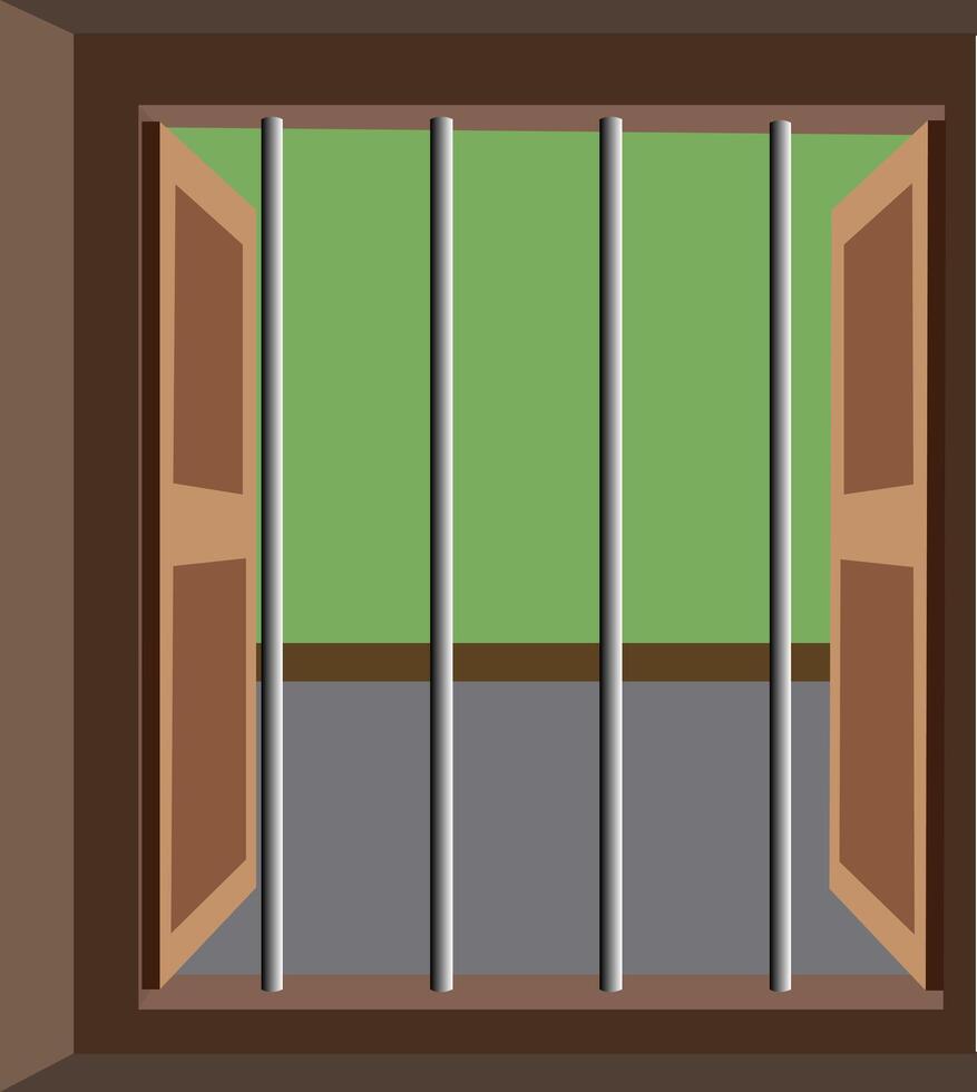 Window view with green fields and gray bars vector